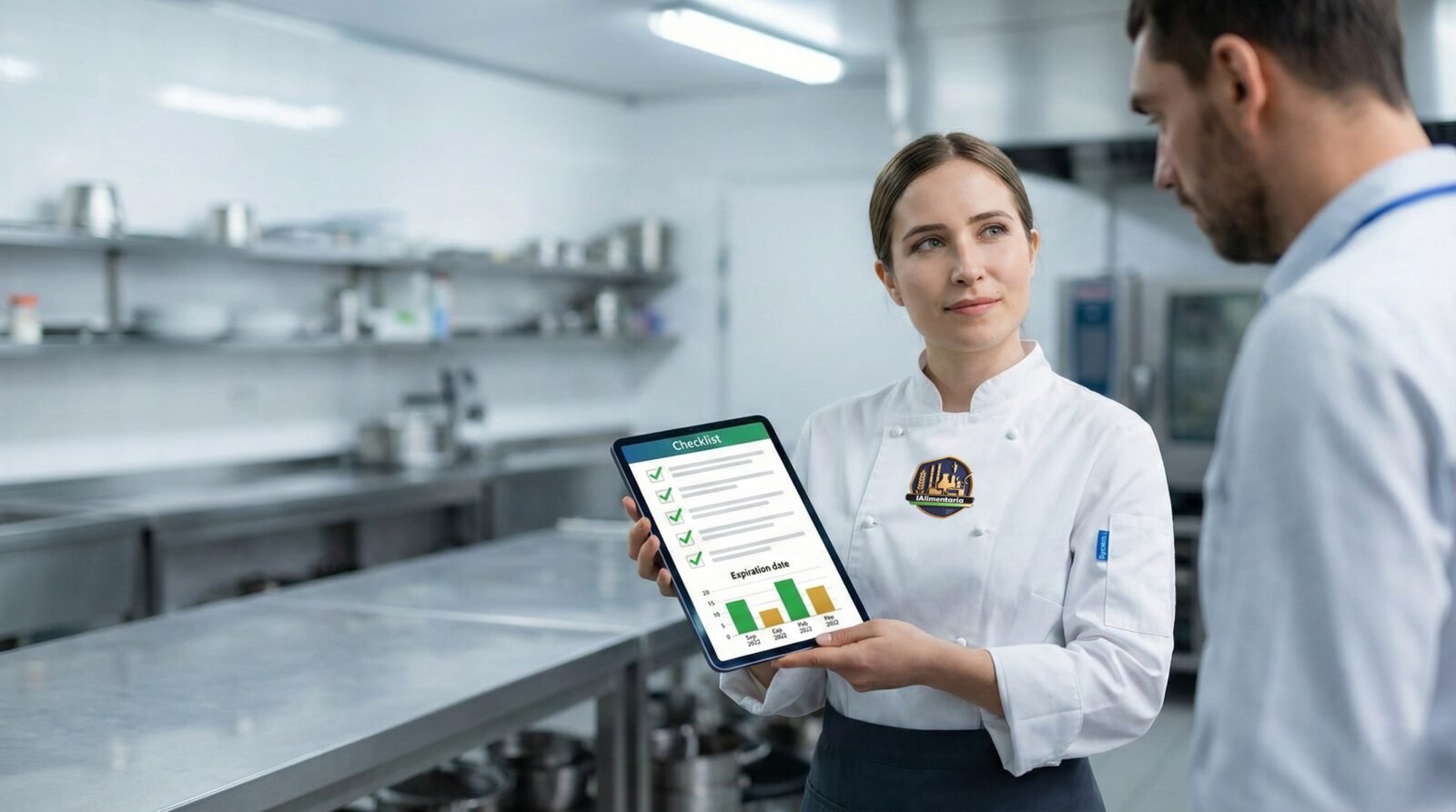 Chef mostrando checklist digital en cocina